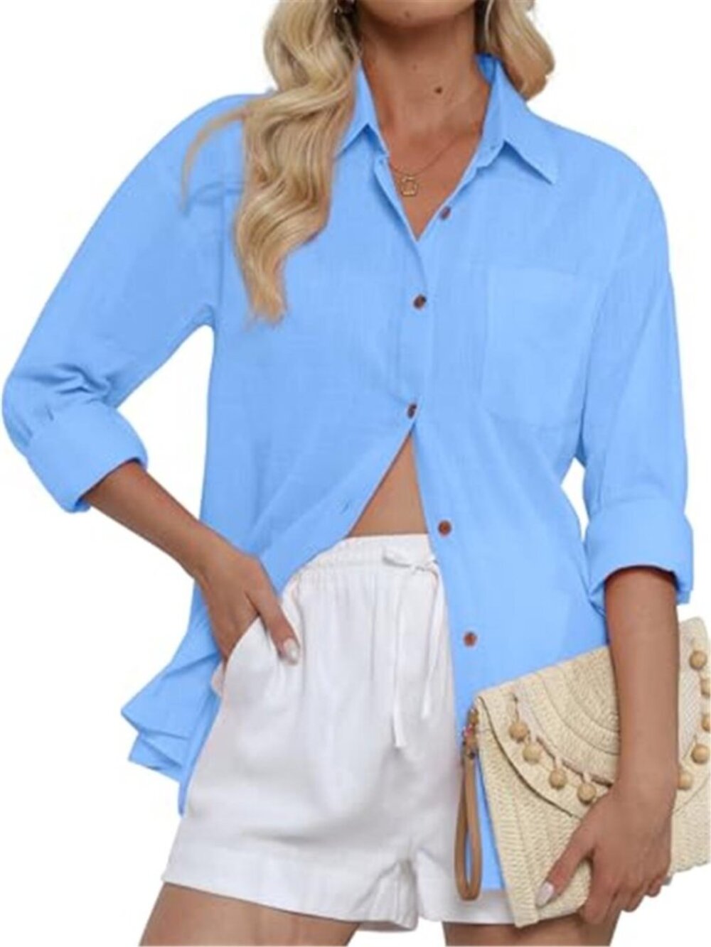Womens 100 Cotton Button Up Shirt Long Sleeve V Neck Beach Cover Up Blouse Top